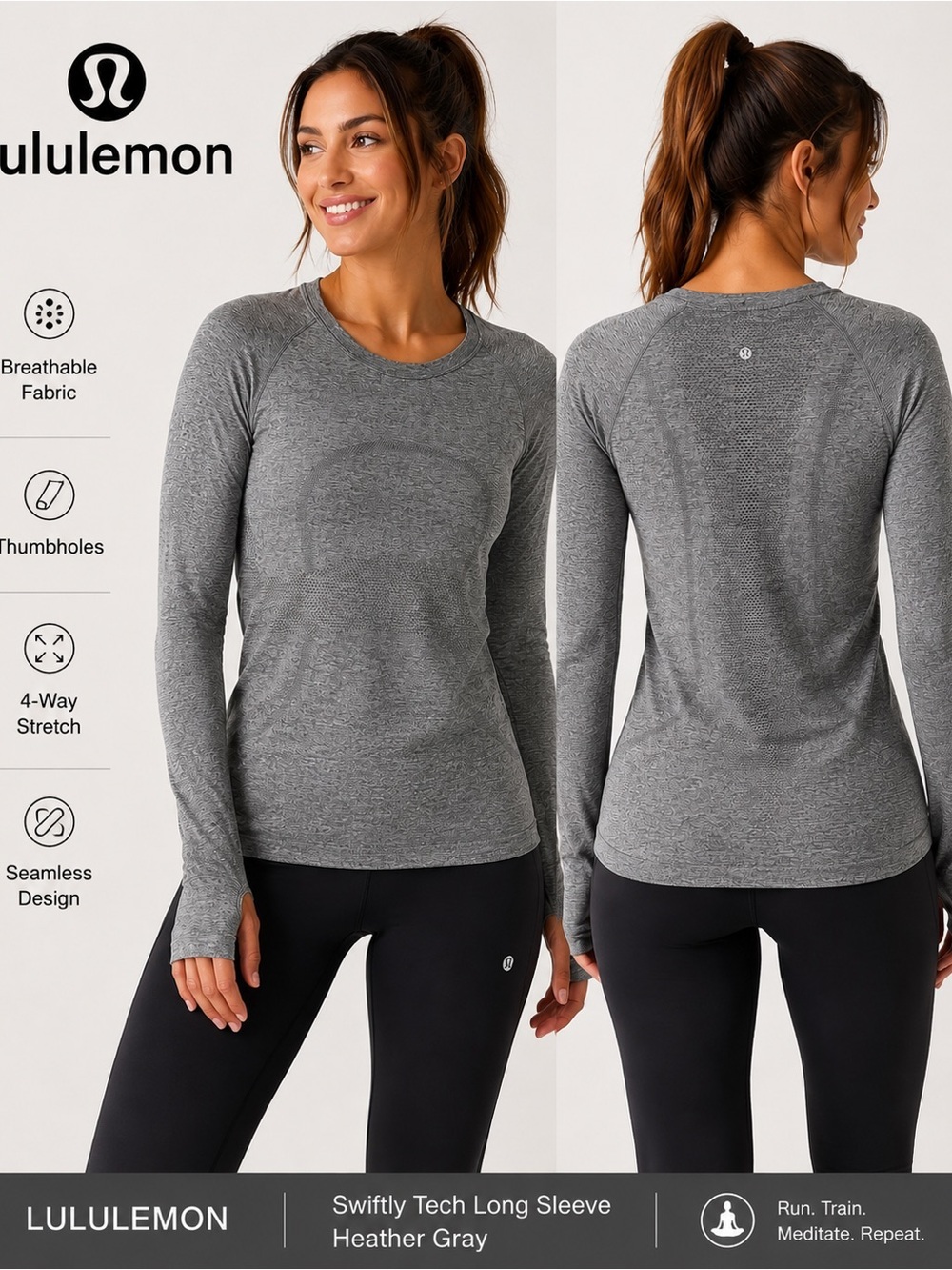Lululemon Swiftly Tech Long Sleeve Heather Gray Thumbhole Top Size 6
